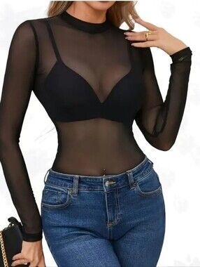 Black Sheer Long-Sleeve Mesh Top